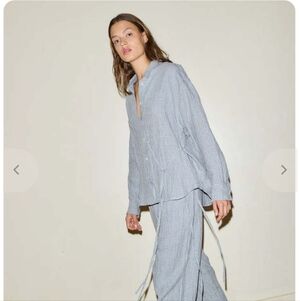 Deiji Studios Linen Field Check Off Center Tie Front Button Set Size M/L